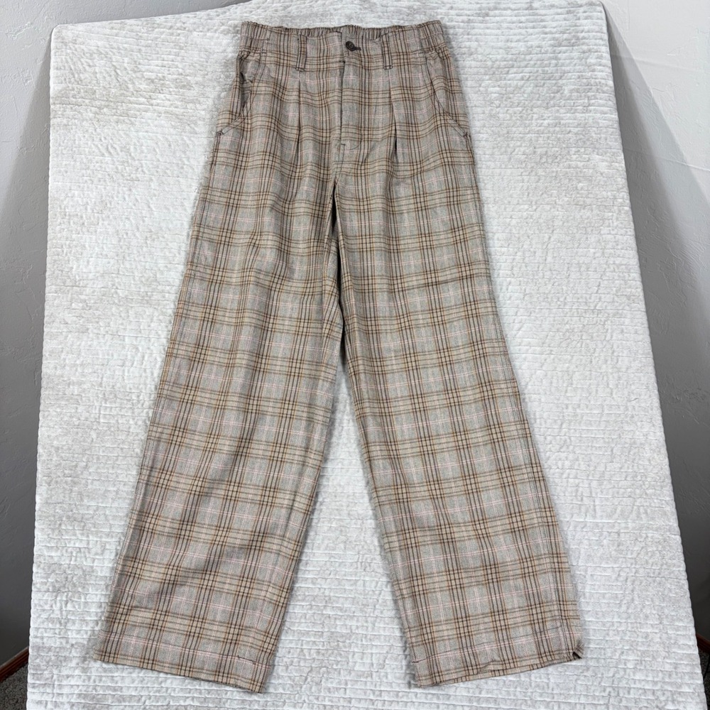 Madewell Tan Plaid Pleated Wide Leg Pants High Rise Elastic Back Size 2